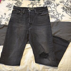 Black Straight Leg Women's Jeans with Knee Distress